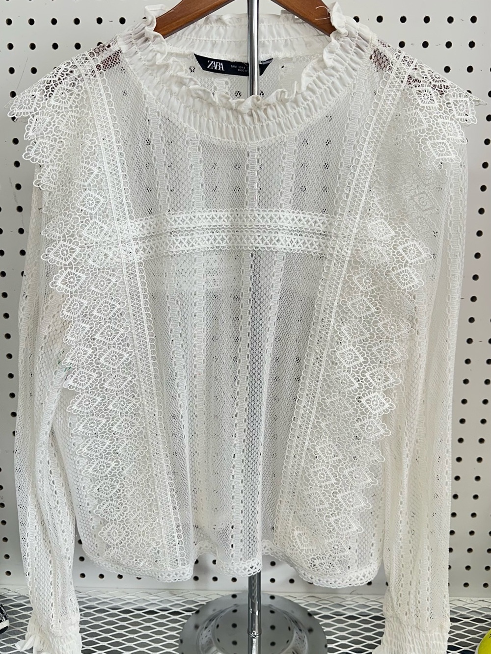 Zara White Crochet Lace Ruffle-Neck Long Sleeve Top